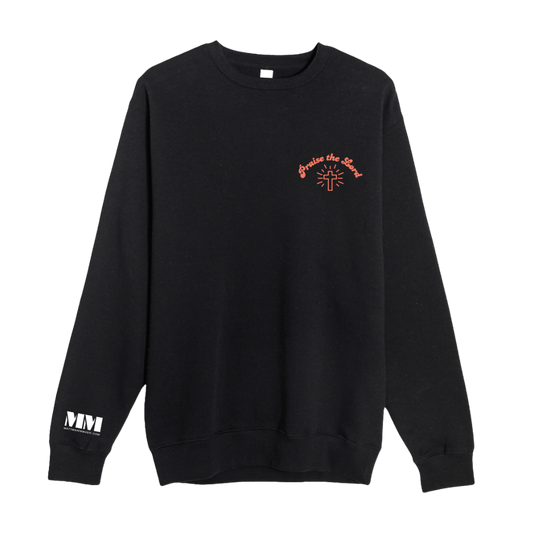 Black sweatshirt with red and white logo on a white background